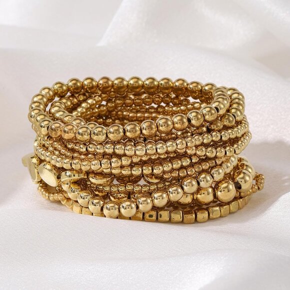 Beaded Bracelet Set Women Gold Tone Stackable Fashion Jewelry Trendy Layerings - Picture 2 of 7